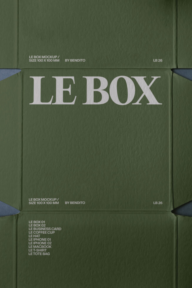 Green cardboard box mockup with LE BOX text, flat lay top view