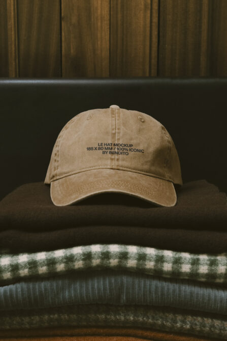 Tan washed cotton cap layered on sweaters in moody styled product scene