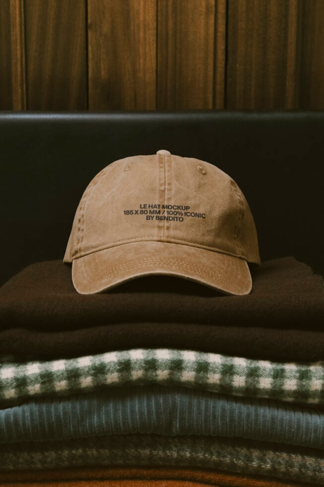 Tan washed cotton cap layered on sweaters in moody styled product scene