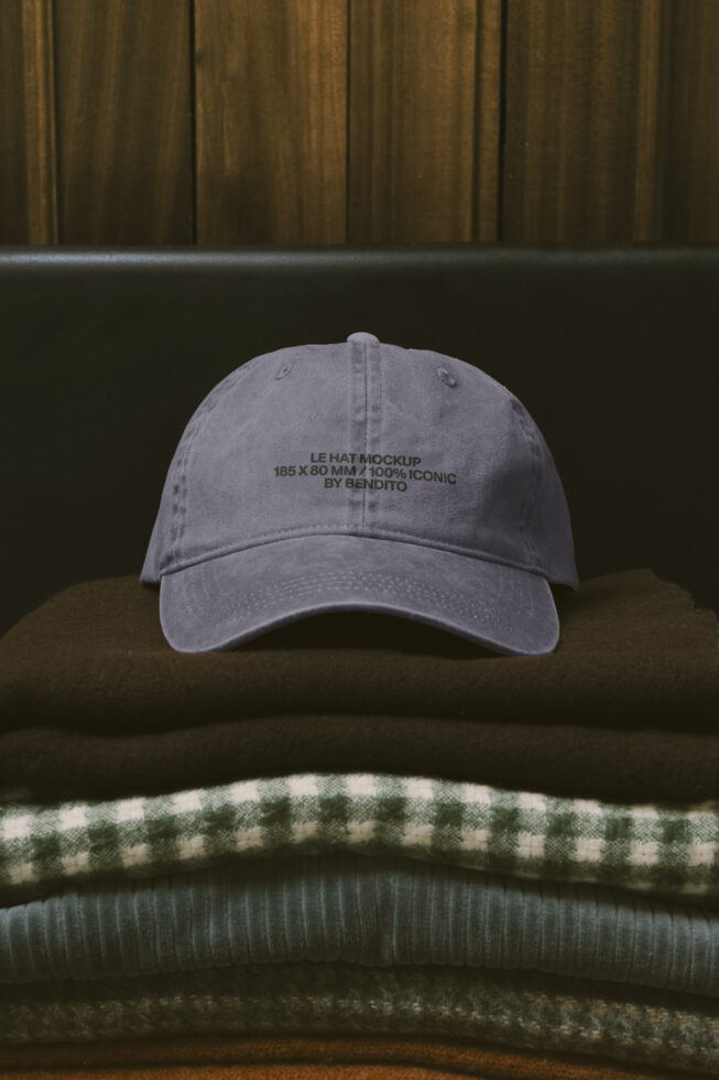 Slate blue washed baseball cap stacked on folded knitwear with minimal text