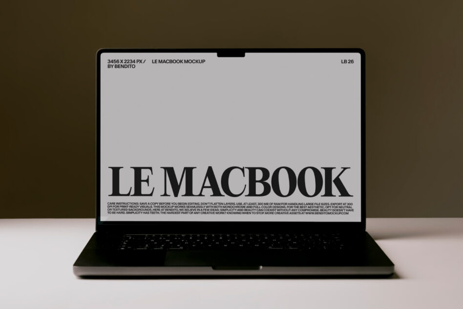 MacBook Pro mockup on warm background showing bold LE MACBOOK title on display