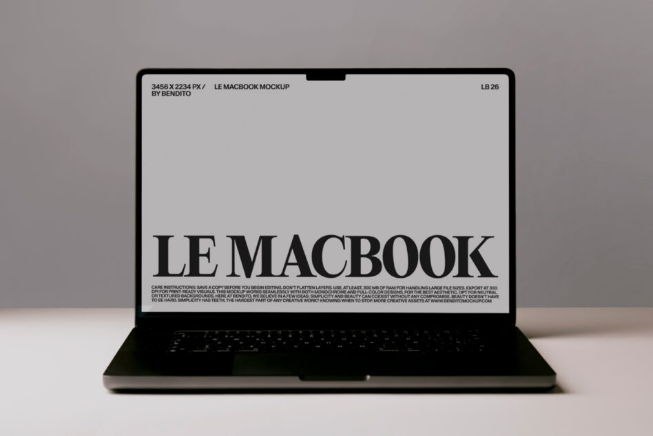 Laptop mockup with LE MACBOOK text centered on screen against neutral background