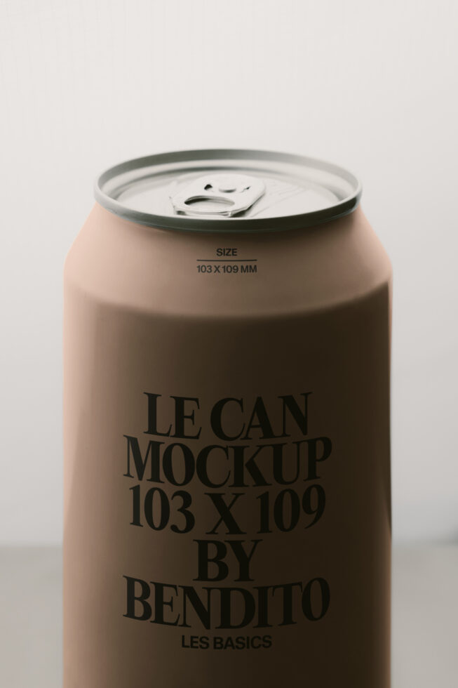 Tan aluminum can mockup with pull tab top showing size specs in serif type