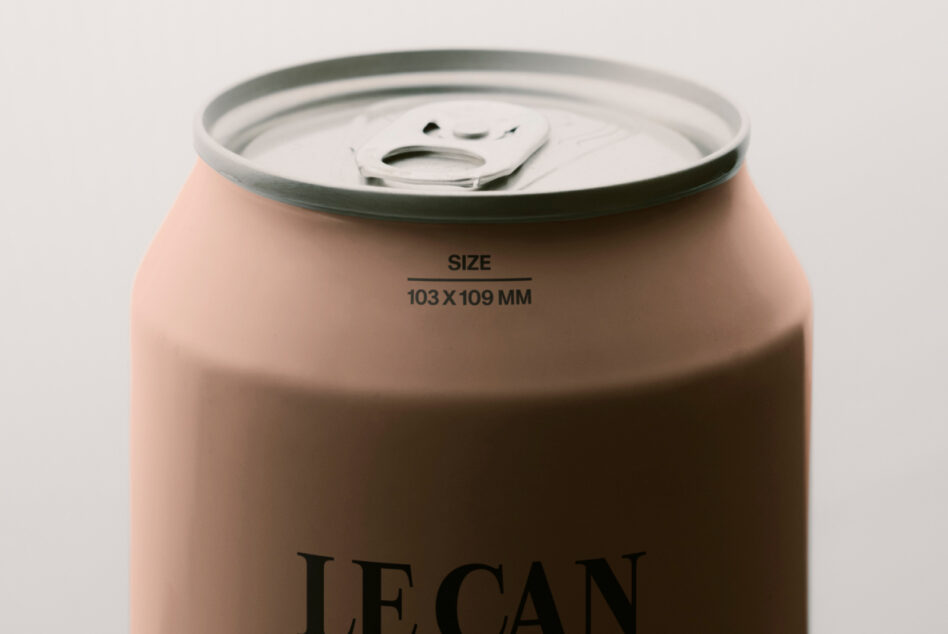 Peachy aluminium can with pull-tab top, size 103x109mm labeled LE CAN