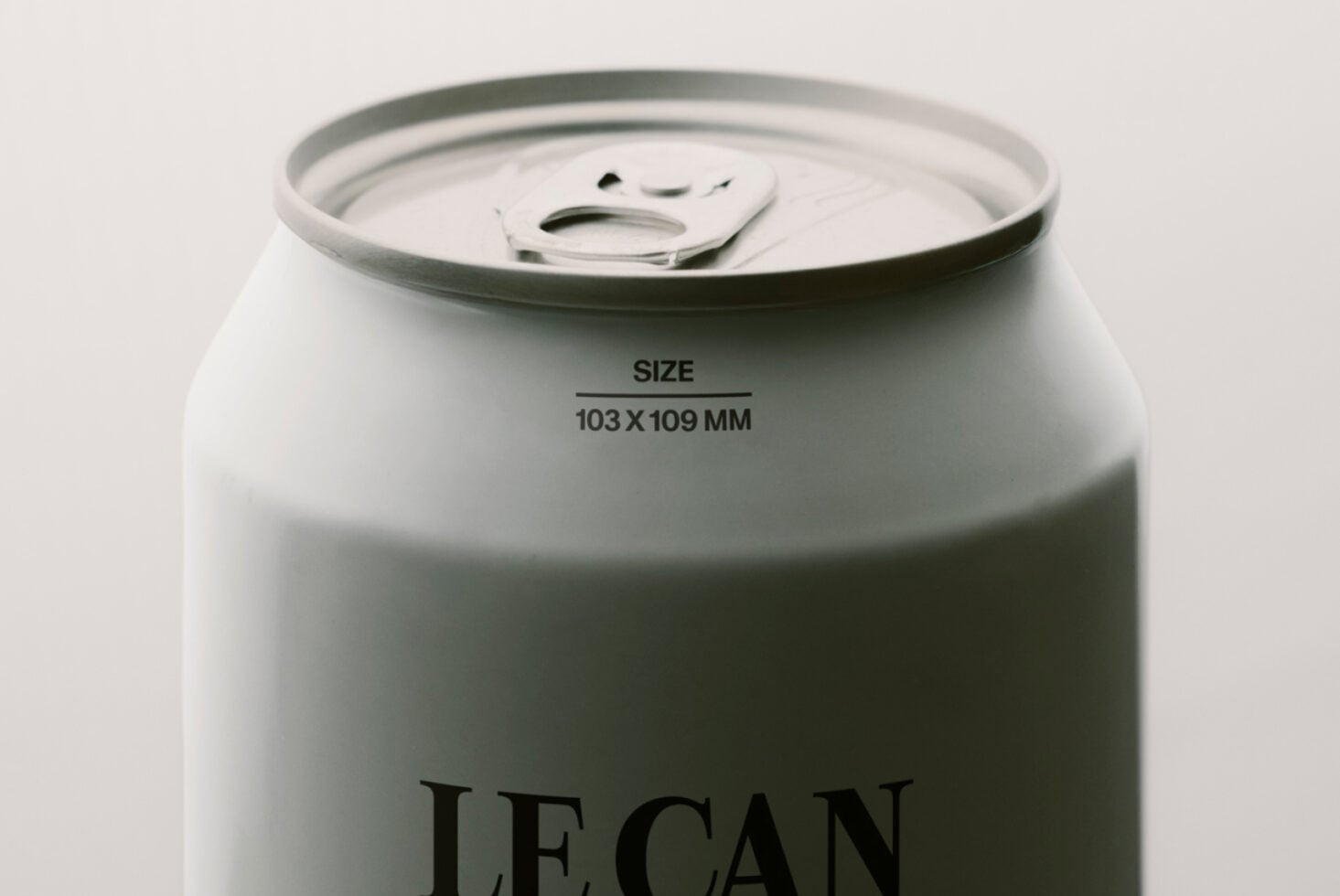 White aluminium can with pull-tab top, size 103x109mm labeled LE CAN