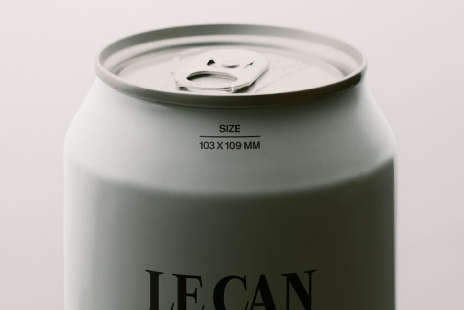 White aluminium can with pull-tab top, size 103x109mm labeled LE CAN