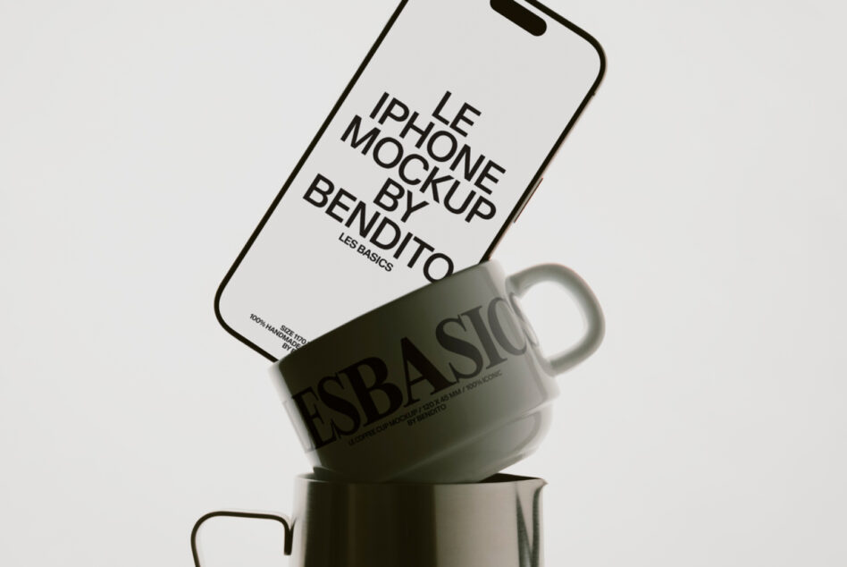 Light phone resting on ceramic mug showing Bendito mockup with curved edges