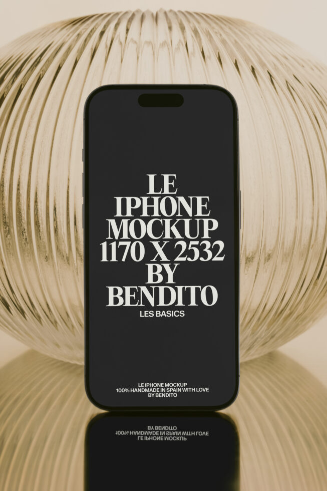 iPhone mockup with dark screen in hands against woven basket backdrop