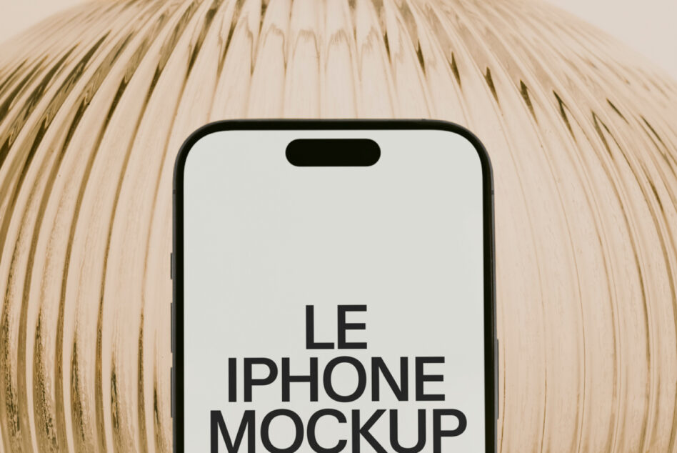 iPhone mockup light screen held up close to cream textured background