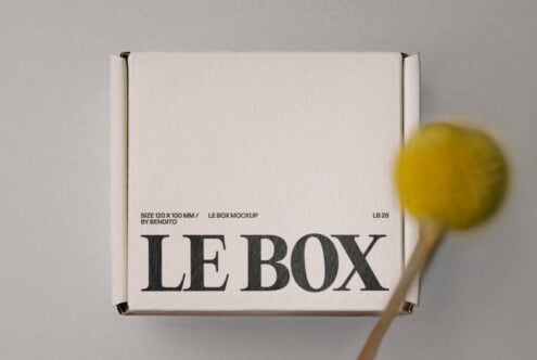White box mockup with black metal corners, large serif typography reading LE BOX, styled with yellow lollipop on gray background