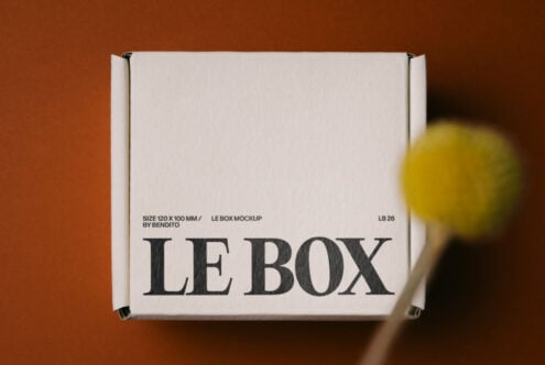 White box mockup with black metal corners, large serif typography reading LE BOX, styled with yellow lollipop on rust brown background