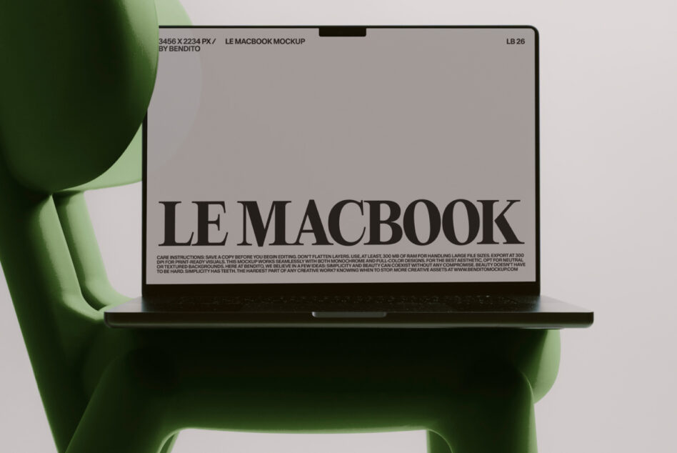 Bright lime green modern chair displaying MacBook with editable mockup template