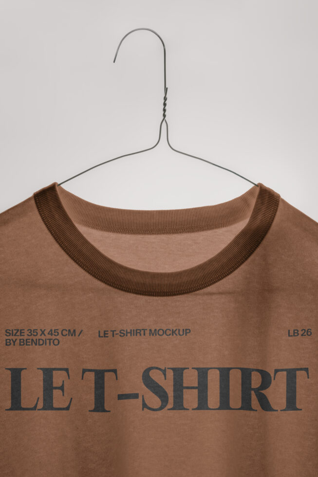 Caramel tee on hanger with ribbed crewneck detail, front view