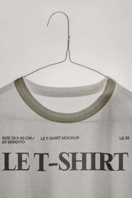 Cream tee on hanger with ribbed crewneck, flat lay overhead shot