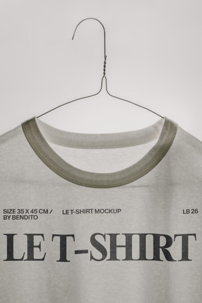 Cream tee on hanger with ribbed crewneck, flat lay overhead shot