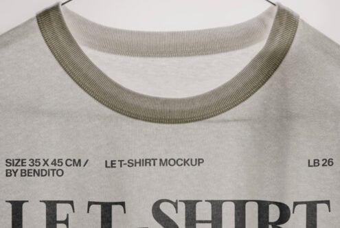Off-white tee neckline detail with olive ribbed trim