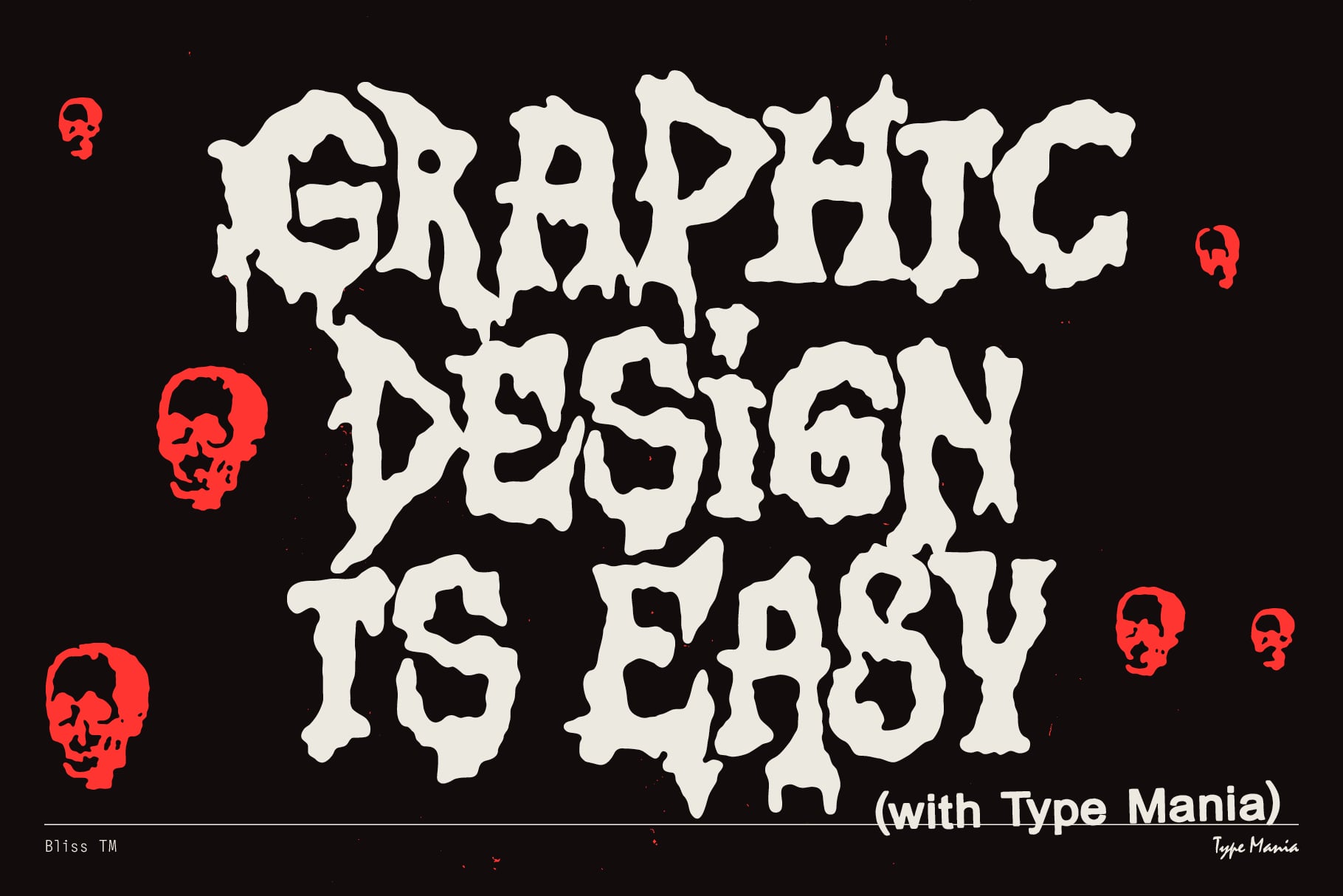 Grungy cream letters spelling graphic design with red skulls on black