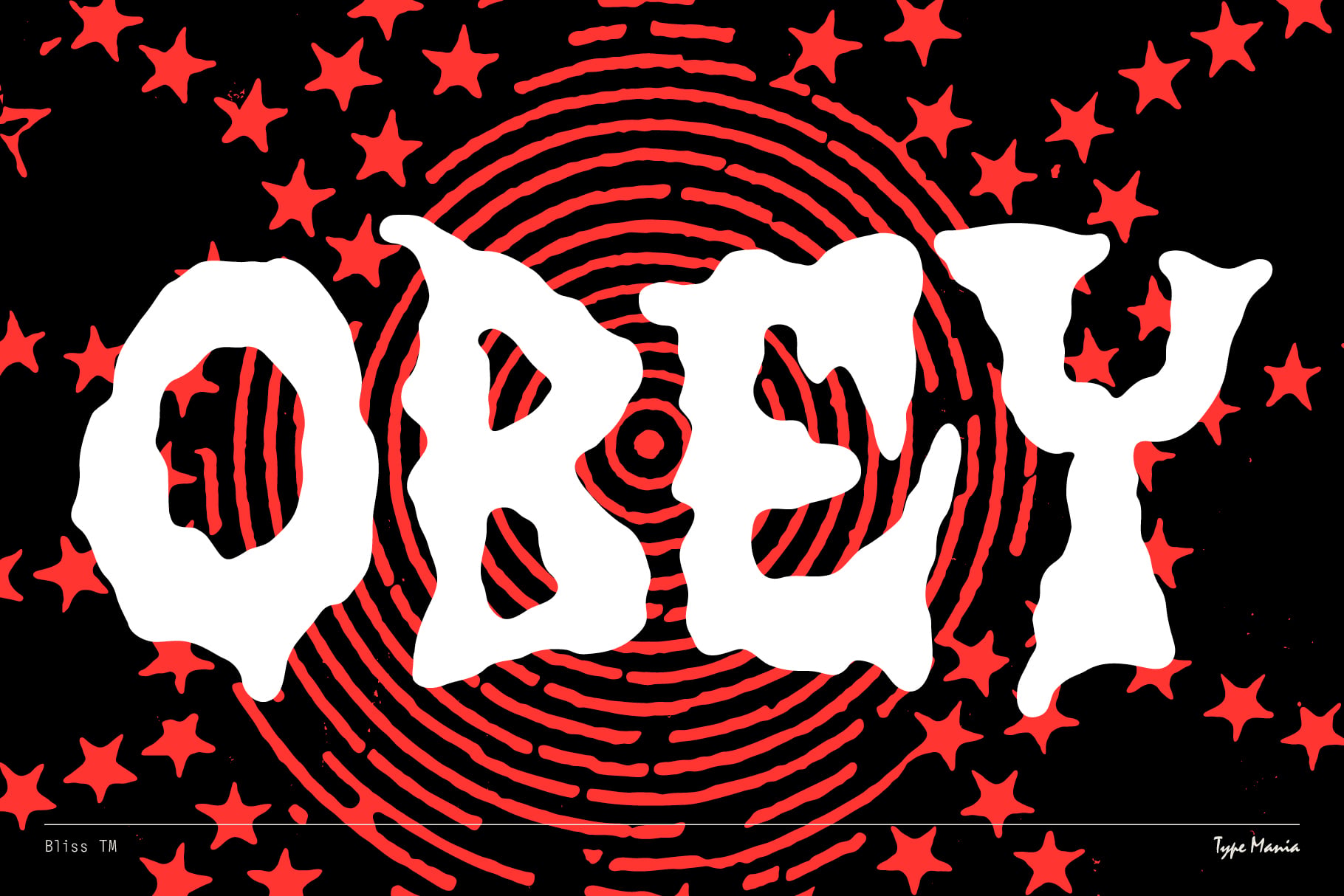 White warped text orfyt surrounded by red stars spiral design