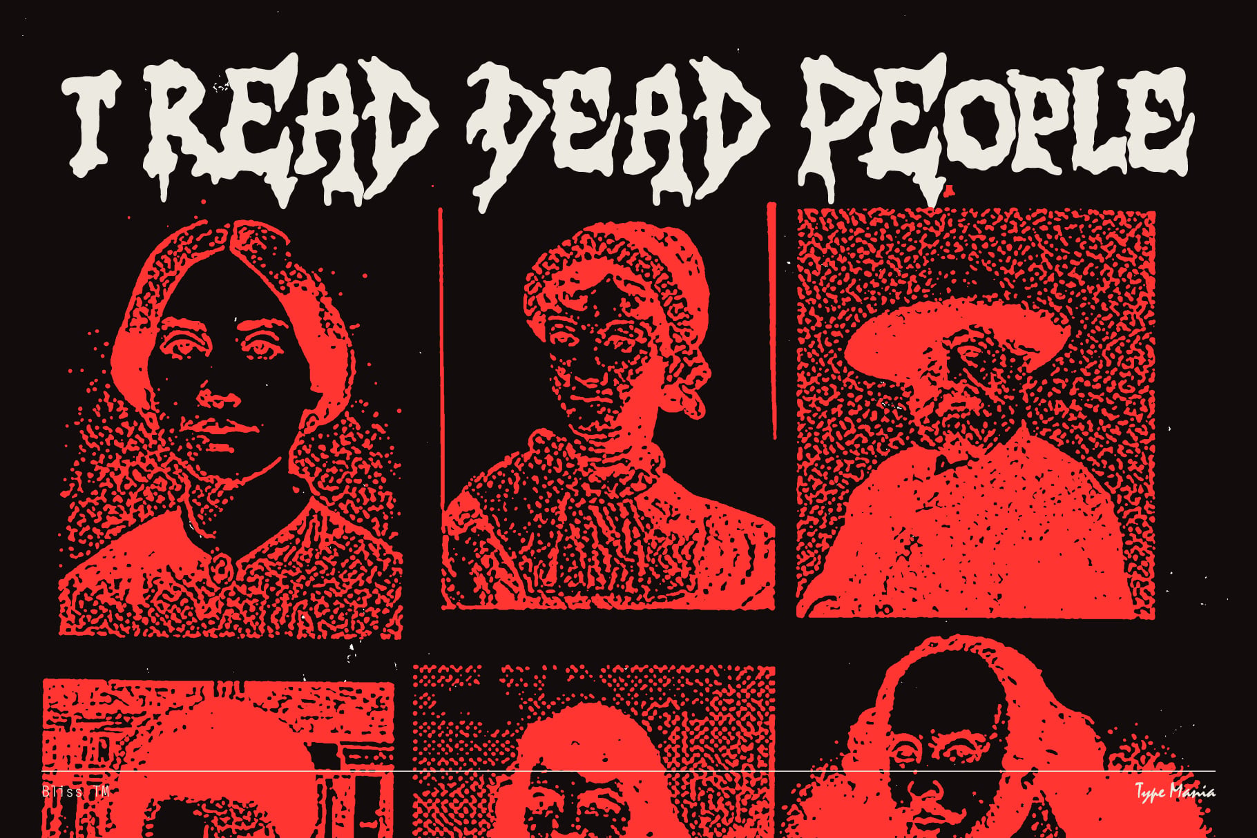 Red glitchy portraits grid with tread dead people text overlay