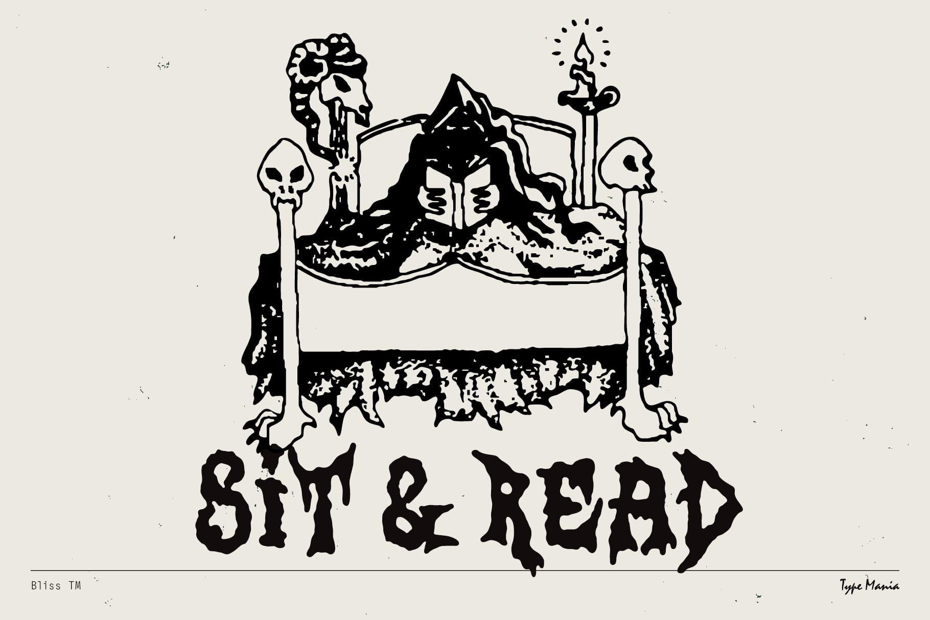 Skeleton in bed surrounded by candles with sit read text below