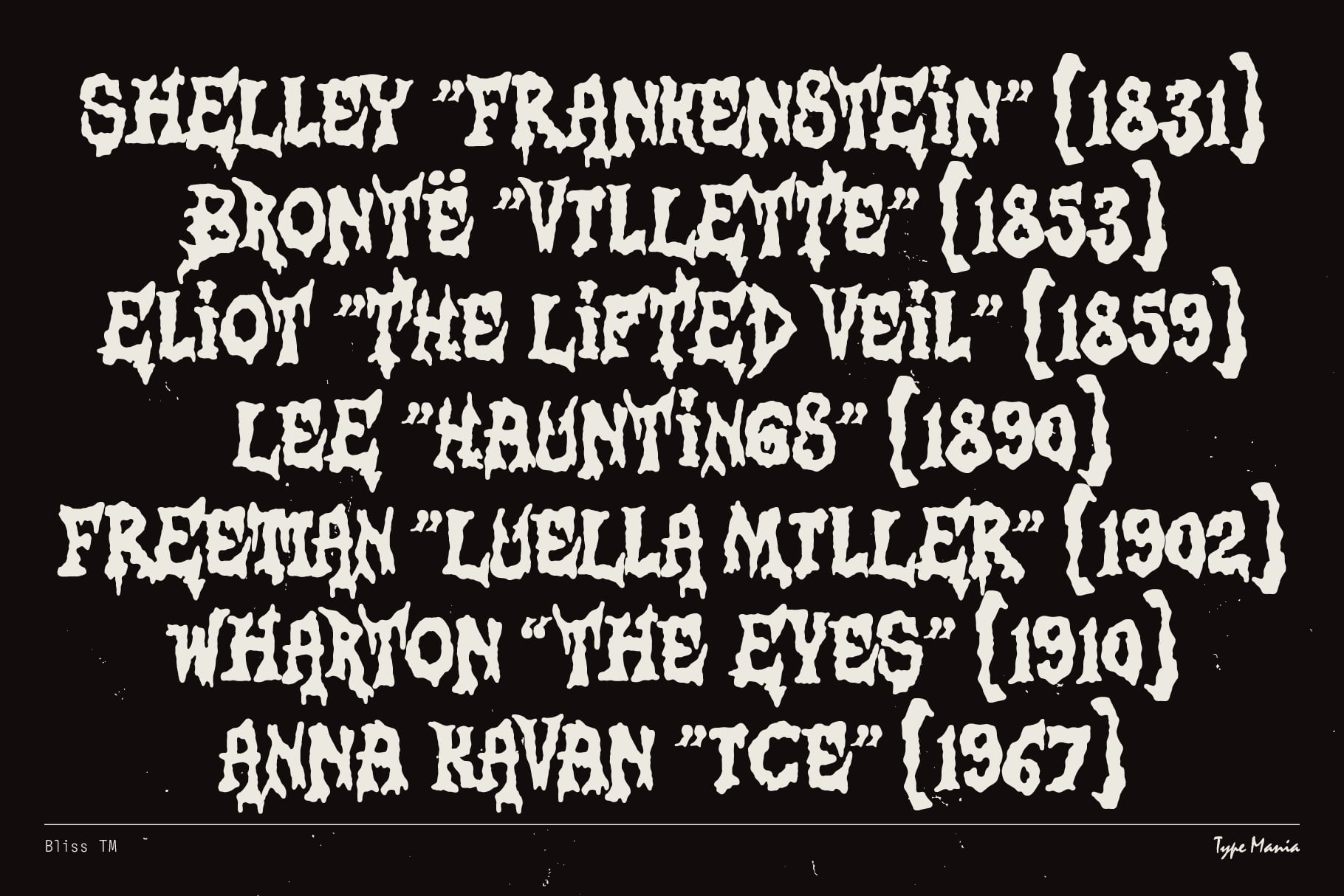 Classic horror book titles in creepy white lettering on dark background