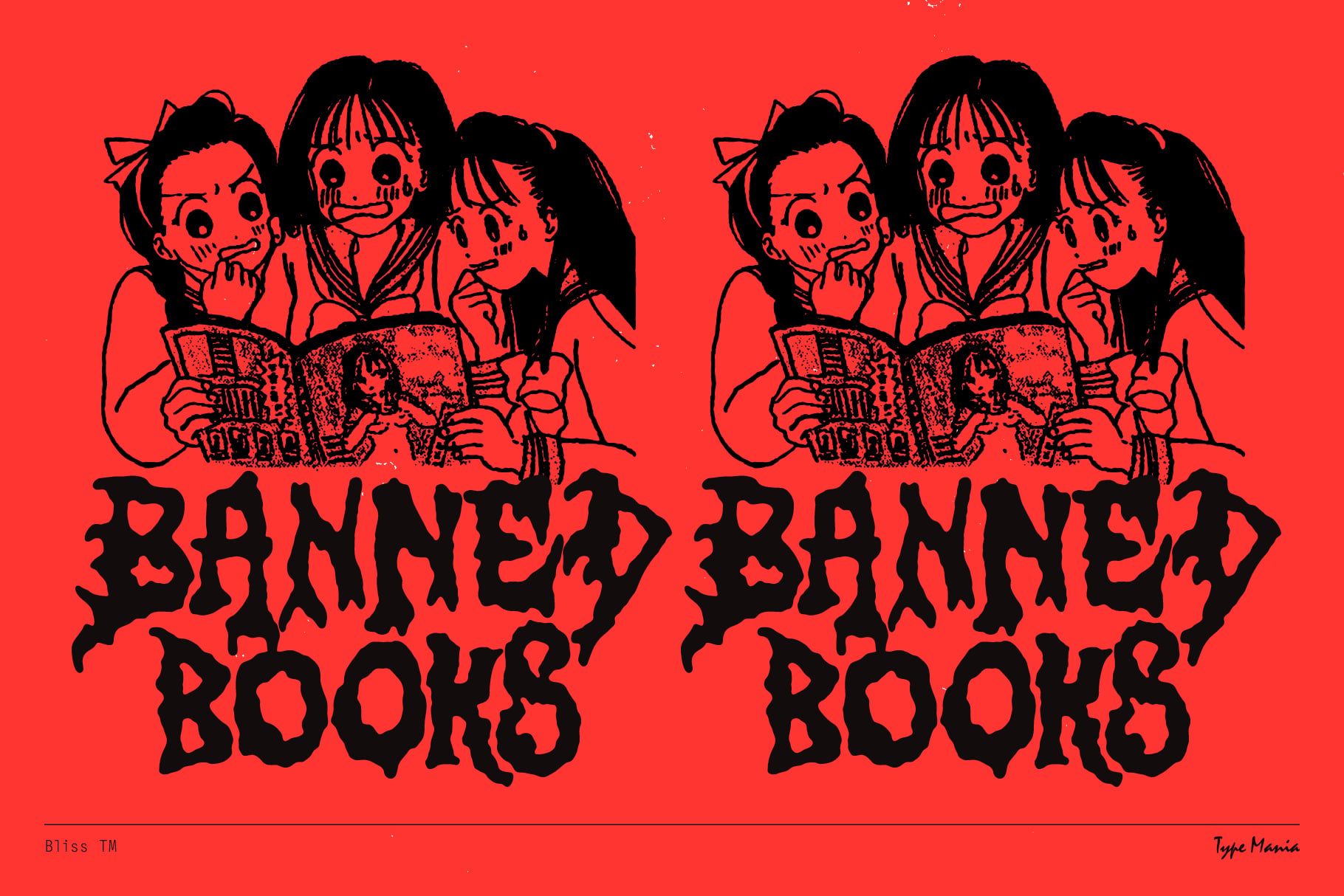Two identical illustrations of spooky kids reading banned books in red