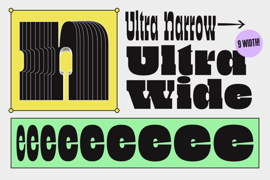 Ultra narrow width variable font specimen with 9 width options shown in progression
