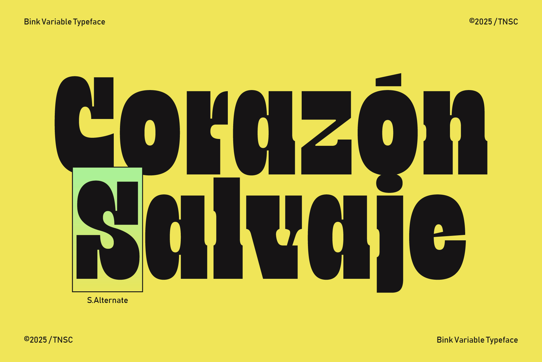Bink typeface display with alternate S glyph highlighted on yellow background