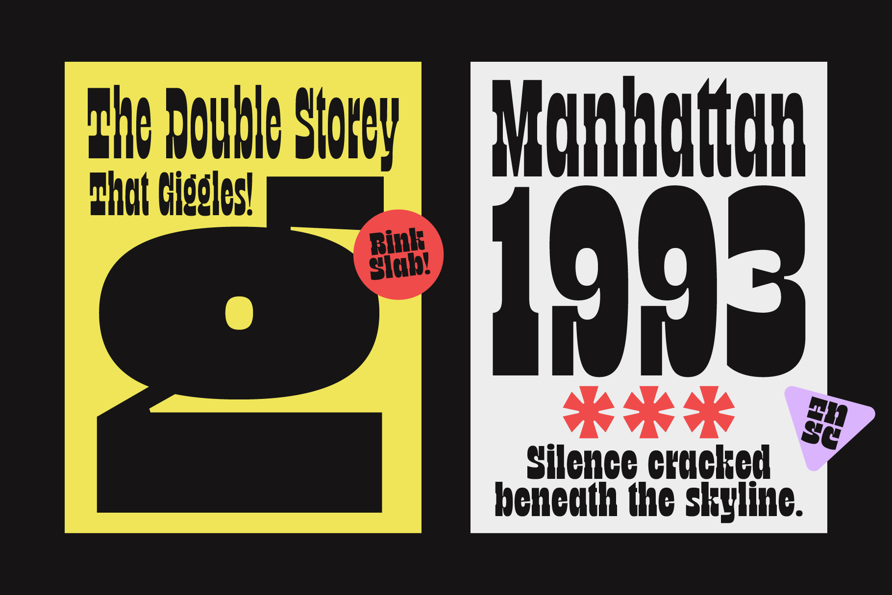 Double Stokey slab font on yellow next to Manhattan 1993 typeface mockup