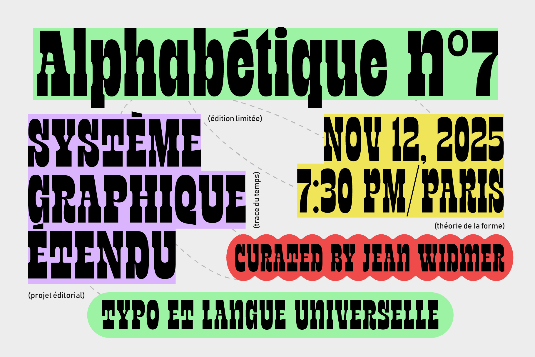 Alphabetique n°7 event poster with purple, yellow, green type elements