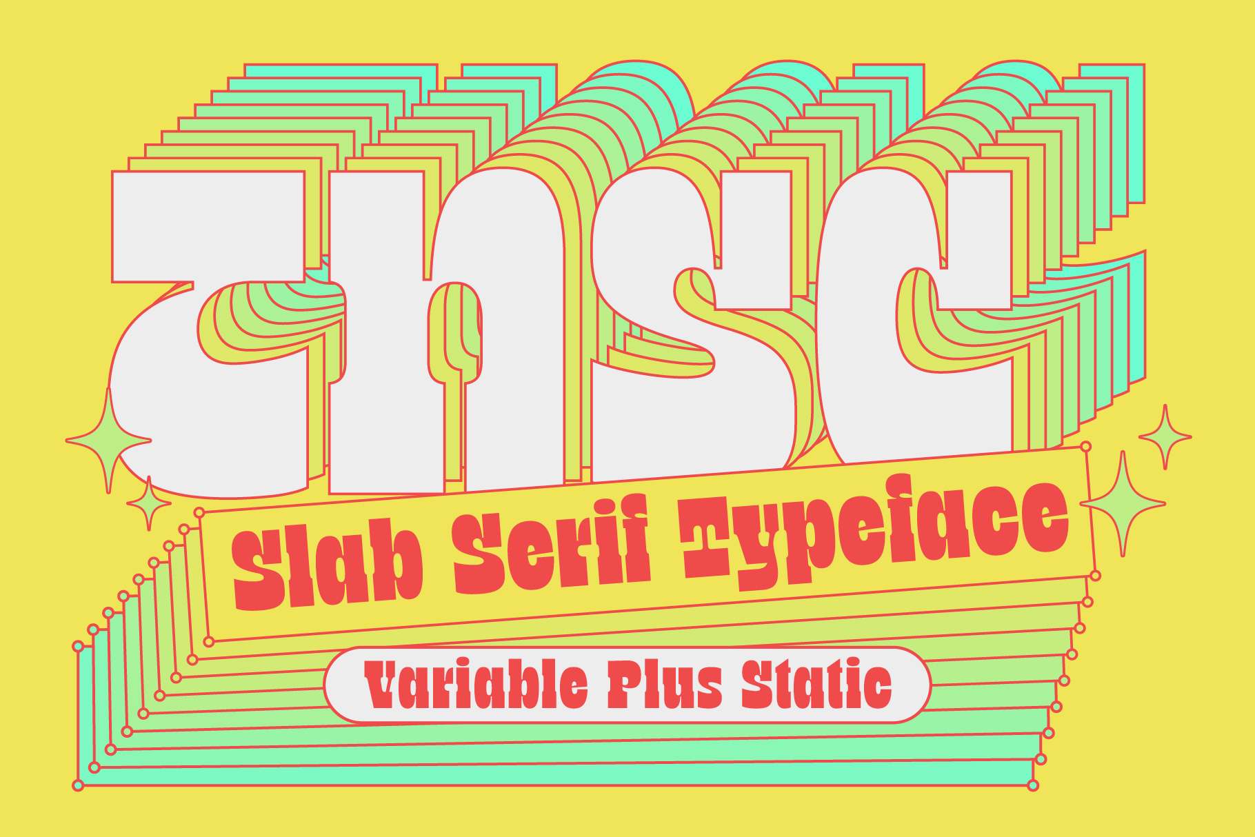 Fuse slab serif eyepiece with colorful layered 3D effect on yellow background