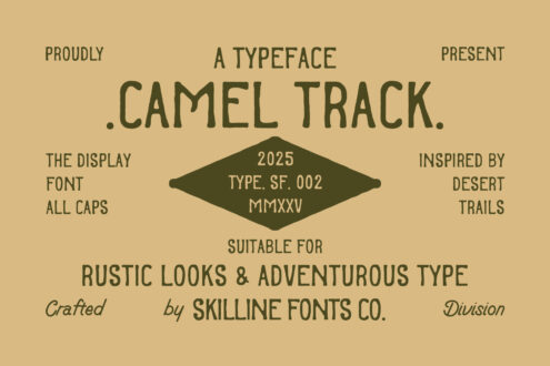 Camel Track typeface info sheet showing desert inspiration details
