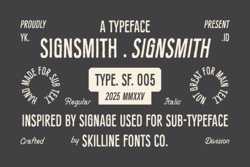 Signsmith typeface presentation in regular, italic weights with logo badge