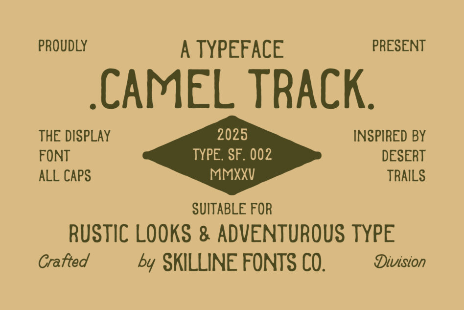 Camel Track typeface info sheet showing desert inspiration details