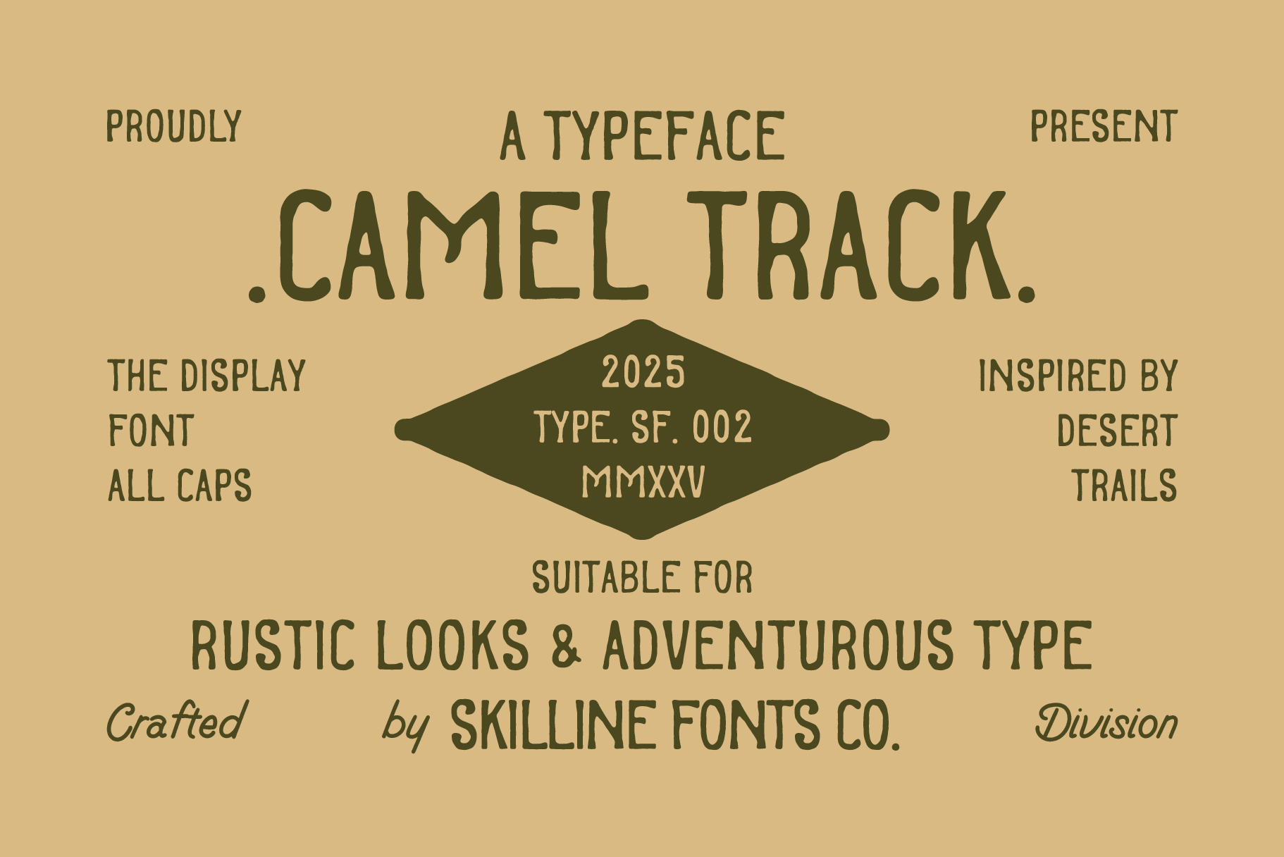 Camel Track typeface info sheet showing desert inspiration details