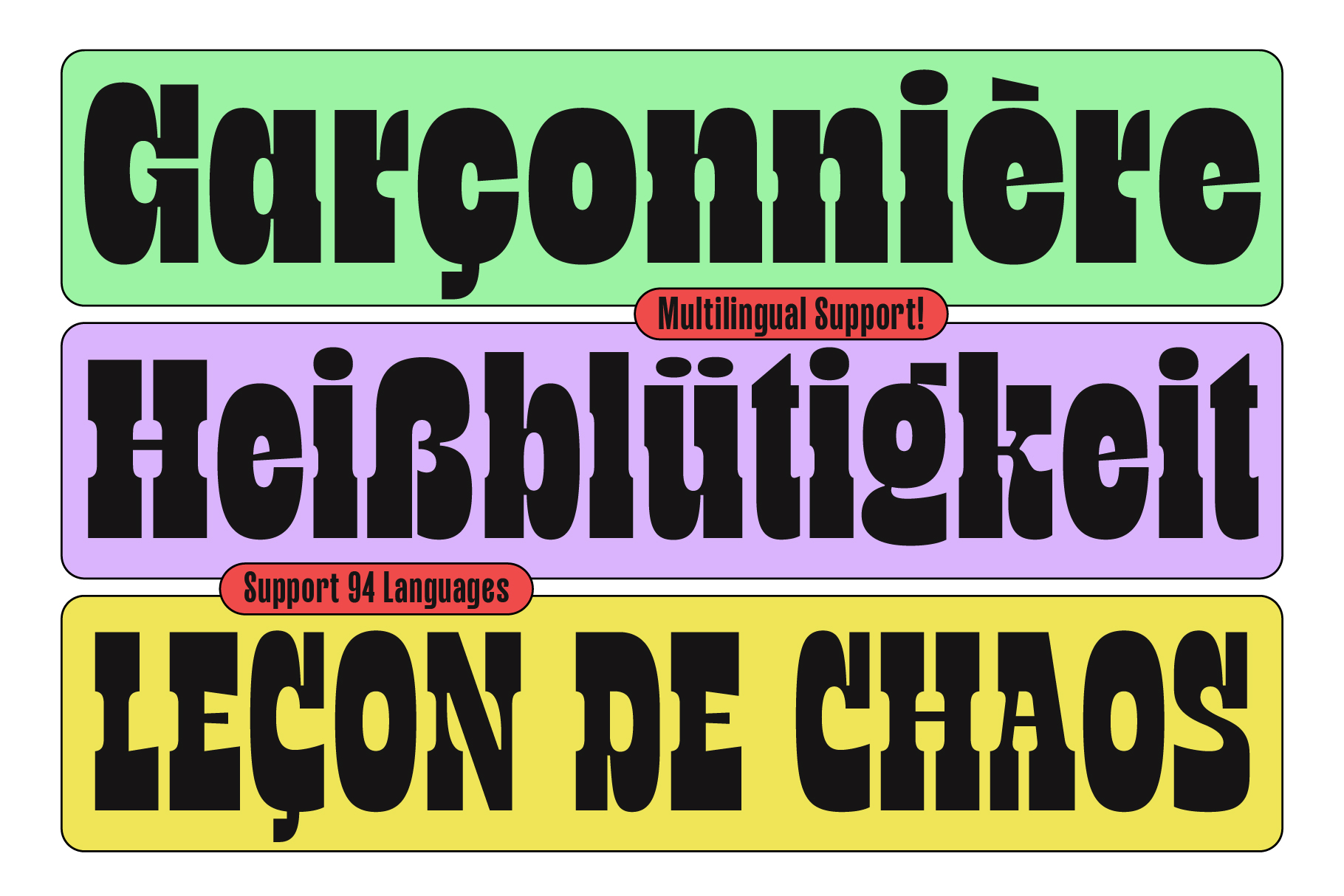 Garconniere multilingual typeface supporting 94 languages across three colored bars