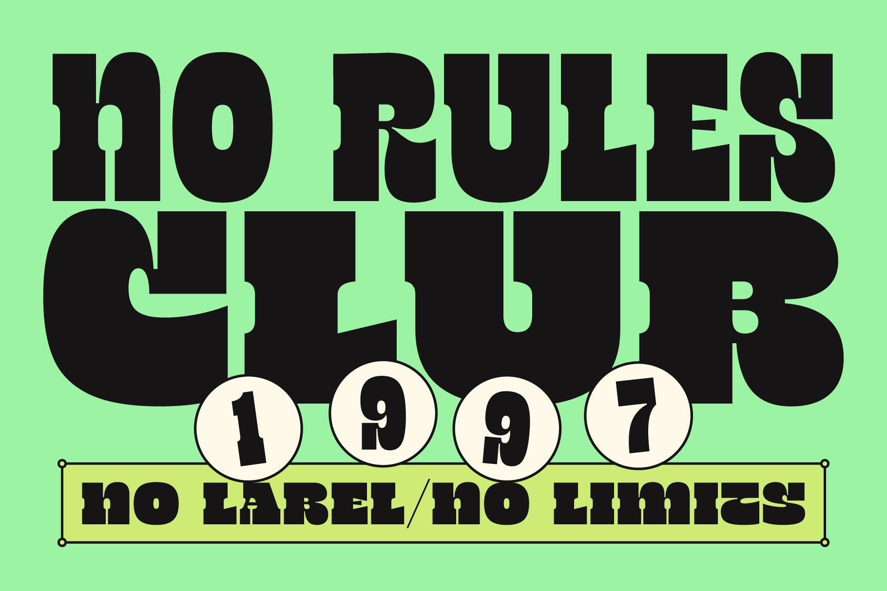 No Rules Glur 1997 display font with numbered circles on bright green
