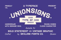 Union Signs vintage typeface specimen sheet with rough handdrawn character style