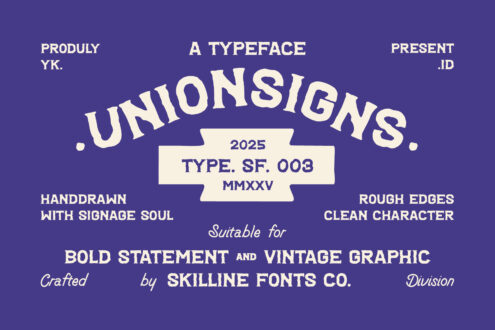 Union Signs vintage typeface specimen sheet with rough handdrawn character style