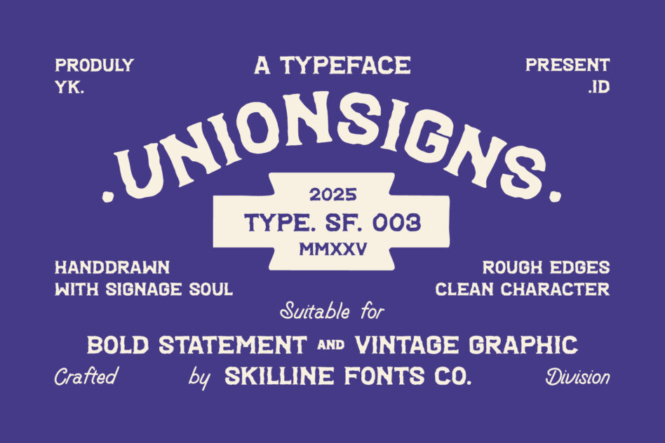 Union Signs vintage typeface specimen sheet with rough handdrawn character style