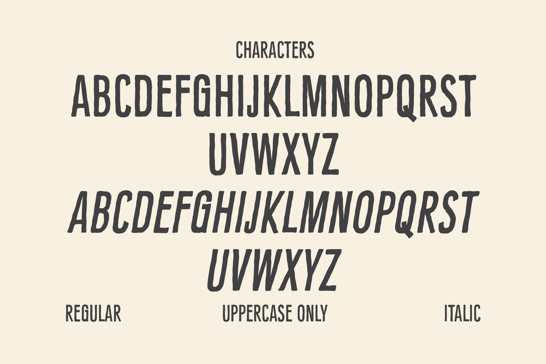 Skilline typeface showing regular, uppercase-only, italic styles in alphabet