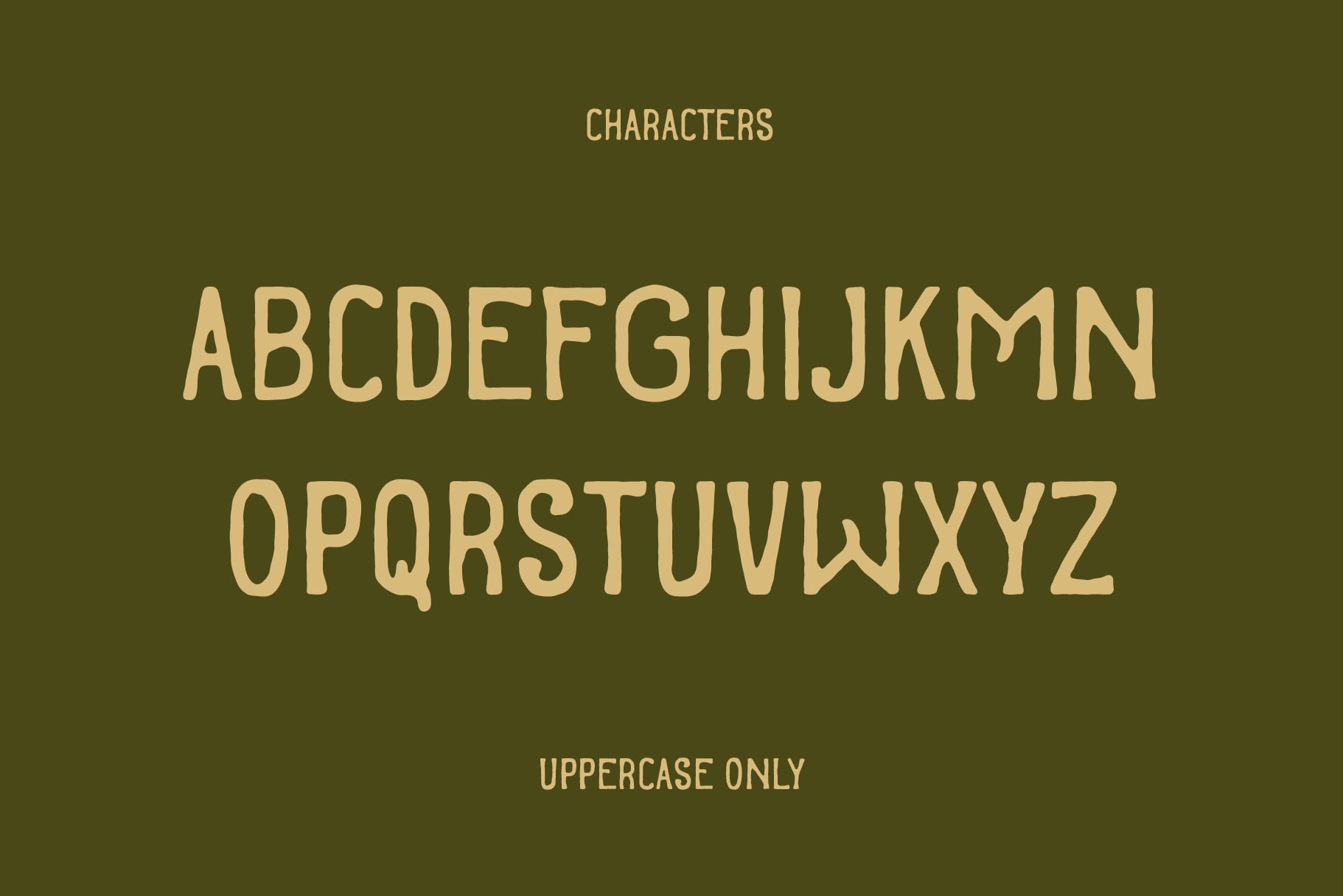 Camel Track font alphabet uppercase letters on olive green background