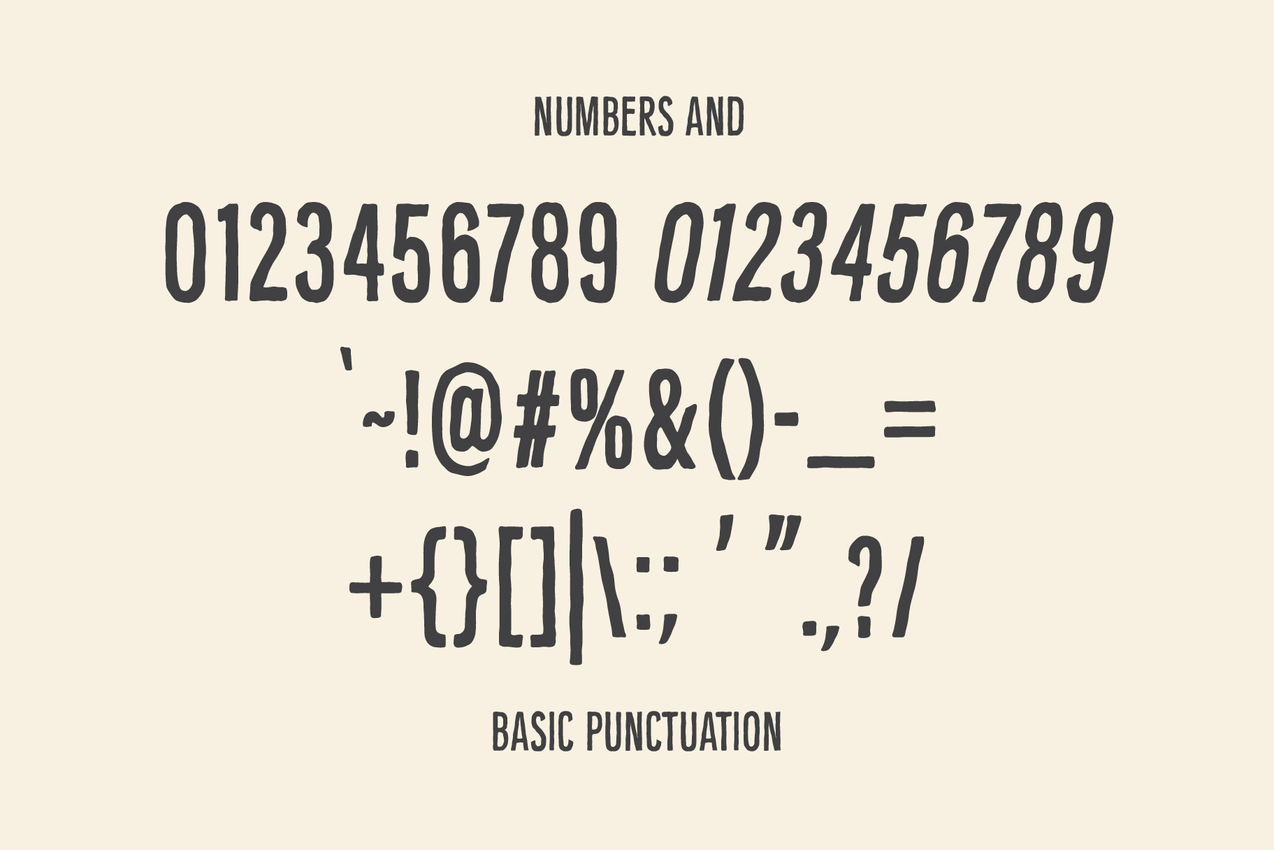 Skilline font character set showing numbers, punctuation marks, symbols