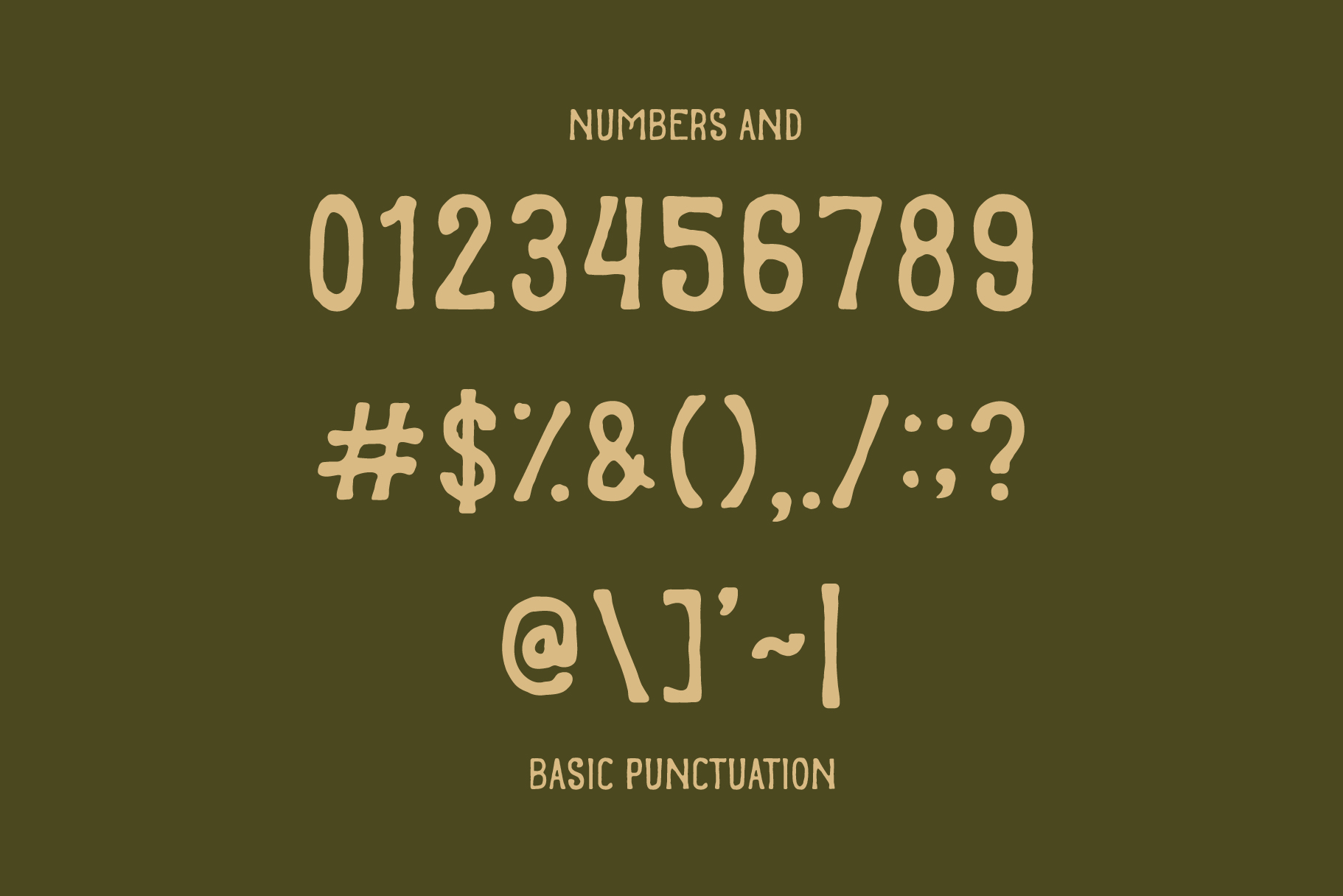 Camel Track font displaying numbers, symbols, punctuation marks on olive