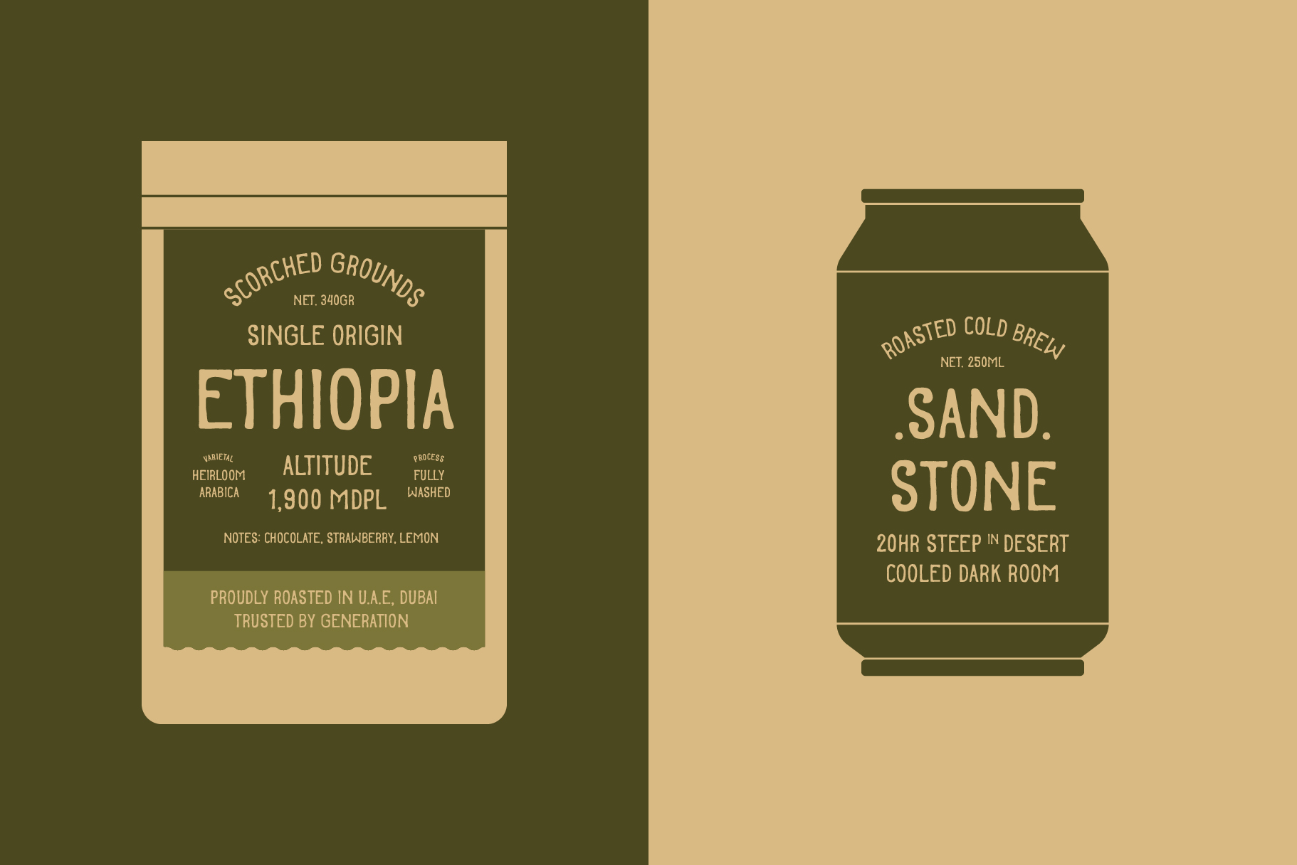 Coffee packaging mockups showing Ethiopia grounds bag next to Sand Stone cold brew can