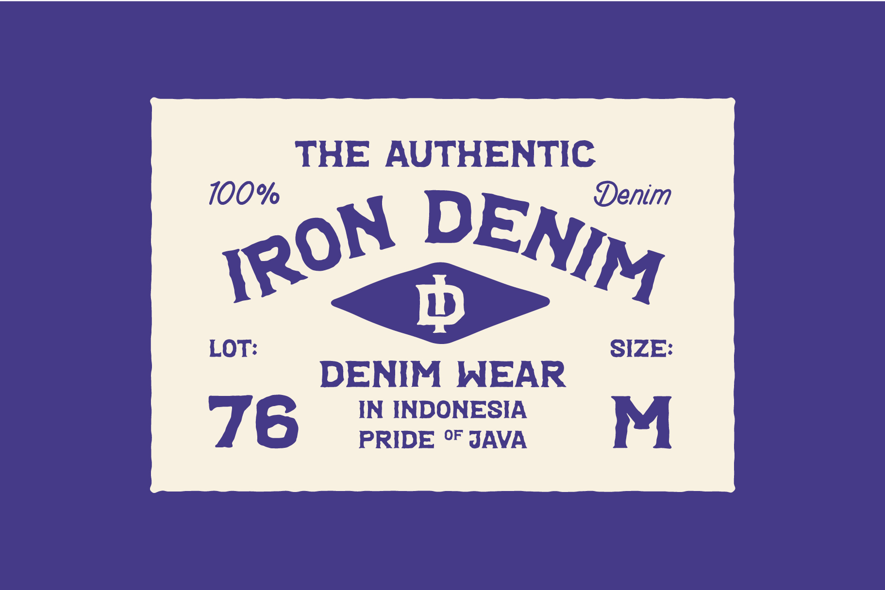Iron Denim label with cream background, lot number, size, vintage vibes