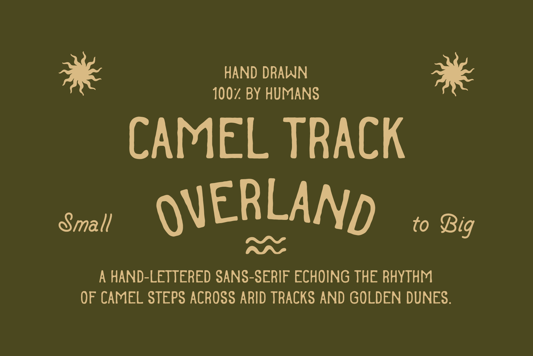 Camel Track Overland font in cream on olive background with sun icons
