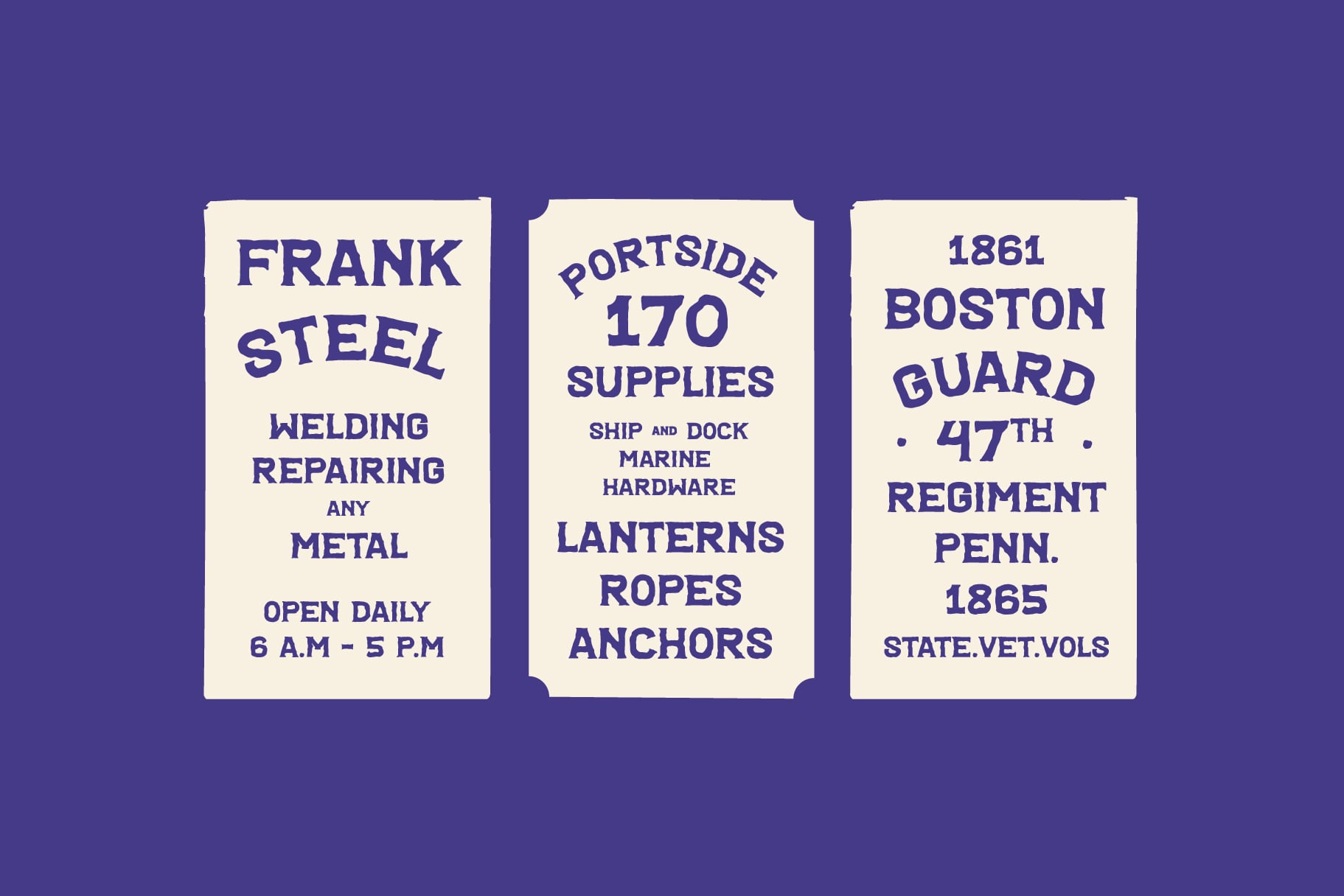 Three vintage-style signs for welding, supplies, Boston Guard on purple