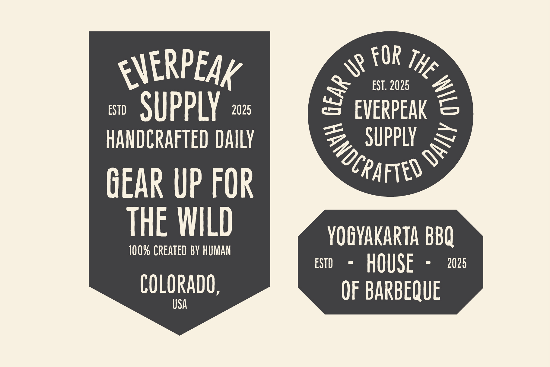 Everpeak Supply badges in circle, shield, rectangle shapes for outdoor brands