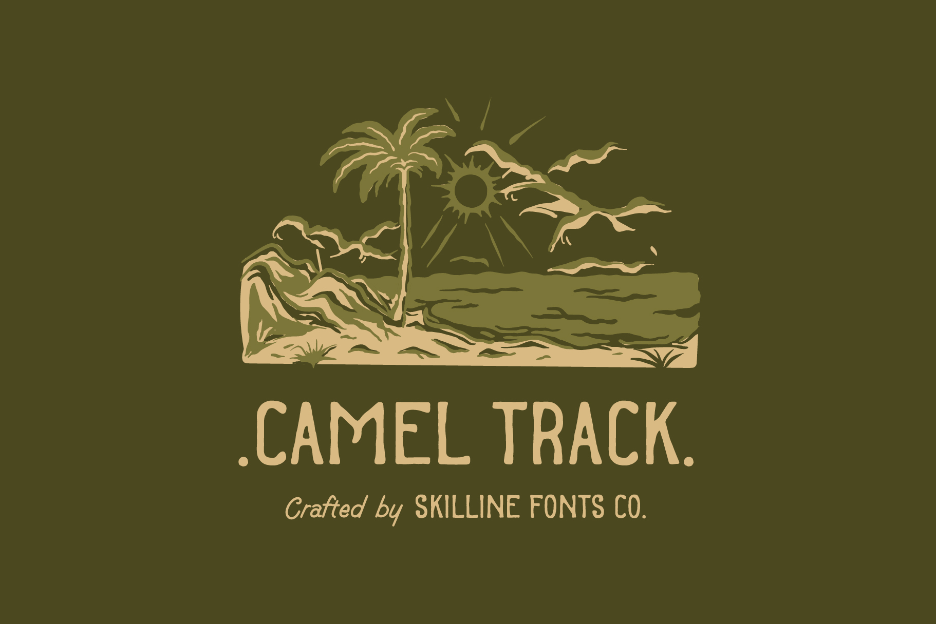 Desert landscape illustration with palm tree, sun, cacti above Camel Track font credits on olive